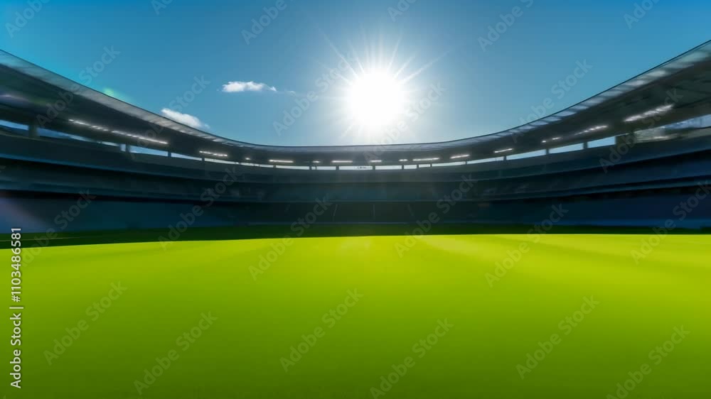 Poster the sun shines over an empty soccer stadium, creating a vibrant and energetic atmosphere perfect for