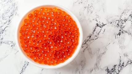 Red Caviar in White Bowl on Marble Background - Luxury Seafood Delicacy