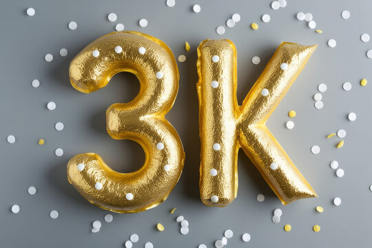 3k followers celebration. Social media achievement poster. 3k followers thank you lettering. Golden and white confetti. Gratitude text on grey background. AI generated