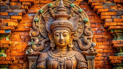 Fototapeta premium Close-Up of Intricate Statue on Brick Wall of Po Nagar Temple Complex in Nha Trang, Vietnam, Showcasing Ancient Artistry and Cultural Heritage
