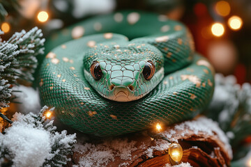Fototapeta premium A realistic green snake resting on a snow-covered log, with festive lights and baubles around it.