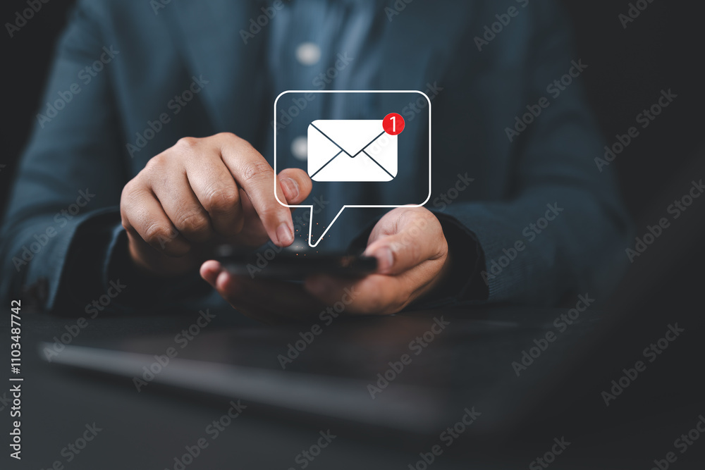 Fototapete Email campaign alert concept. New email send notification for business e-mail communication. Digital marketing, internet technology. Inbox receives electronic message invite. Man touch on newsletter.