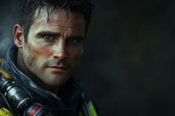 Obraz premium Handsome Caucasian fireman in uniform 