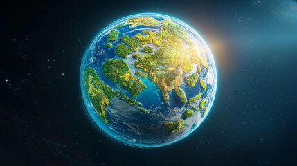 Obraz premium Earth biodiversity regions showcase nature's rich variety vibrant Earth globe floating in space, showcasing lush green continents and blue oceans, illuminated by sunlight