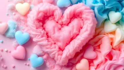 Obraz premium Colorful heart shape cotton candy, pastel color background. Close up of cute cotton candy representing love and romance. Lovely valentine sweet backdrop background. Top View, Flat Lay.