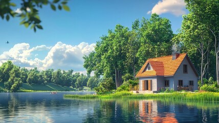 Obraz premium Lakeside Cabin with Orange Roof and Smoke Rising from Chimney