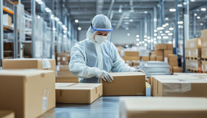 Warehouse worker wearing protective suit arranging cardboard boxes on conveyor belt
