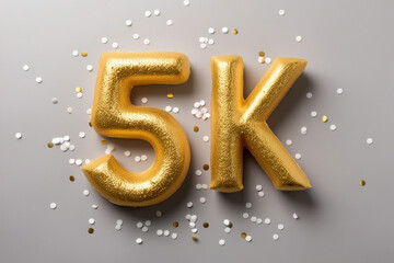 5k followers celebration. Social media achievement poster. 5k followers thank you lettering. Golden and white confetti. Gratitude text on grey background. AI generated