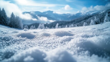 Obraz premium A winter scene of a snow-covered mountain forest with a clear sky above.