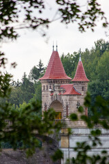Naklejka premium architectural structure, ancient dam with arches and red roofs in the Czech town of Hradec Králové