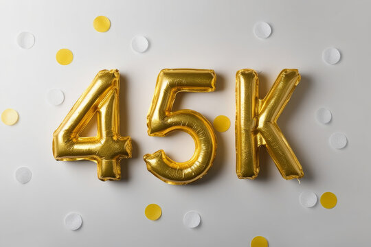 45k followers celebration. Social media achievement poster. 45k followers thank you lettering. Golden and white confetti. Gratitude text on grey background. AI generated