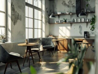Vintage kitchen with plants, rustic furniture, and a stylish bar counter for coffee breaks.