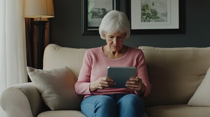Obraz premium Woman in pink sweater on couch, engrossed in digital device, technology, older adult learning to use tablet, modern age assistance, senior life staying connected