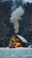 Cozy cabin in snowy woods with Christmas tree and smoke.