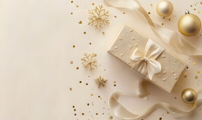A beautifully wrapped Christmas present with gold ribbon and ornaments. The setting is festive, with a snowflake decoration and golden baubles enhancing the holiday spirit