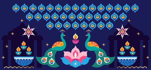 Traditional Indian festival Diwali. Happy Festival of lights Deepavali, peacock, rangoli Template  banner  Festive Burning diya background Vector abstract icon  illustration