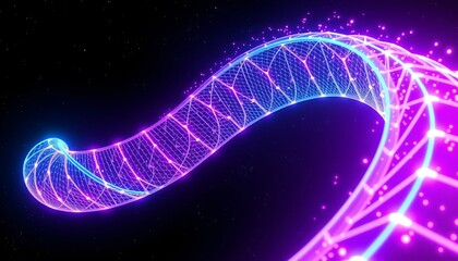 3D abstract holographic bridge, spiraling like a helix. The bridge should glow with neon colors cyan magenta, and purple with semi-transparent beams connecting each twist of the helix.