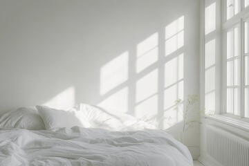 Morning sunlight through windows, on unmade bed with white linens.