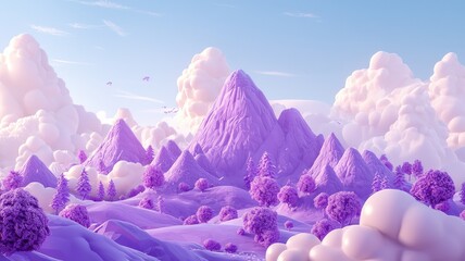 A Purple Mountain Range with Fluffy White Clouds in a Dreamlike Setting
