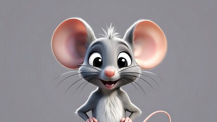 A drawing of a gray cartoon mouse on a background of ears.
