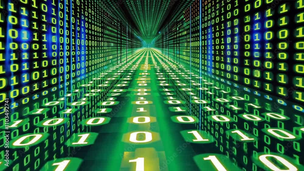 Poster digital tunnel of green binary code futuristic flow of data and technology in vibrant colors