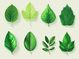 Variety of green leaves on a light background.