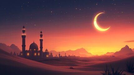 Obraz premium Sunset over desert mosque with crescent moon.