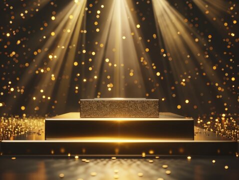 Celebratory platform with gold steps and golden beams of light for an award ceremony or prestigious event.