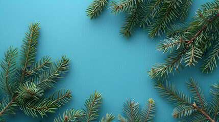 Fir tree branches on blue backgrund. Top view. Template for design. Christmas minimal concept.