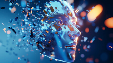 A conceptual design of a fragmented digital face composed of shimmering glass and metallic pieces, breaking apart into the surrounding air. The futuristic aesthetic evokes themes o
