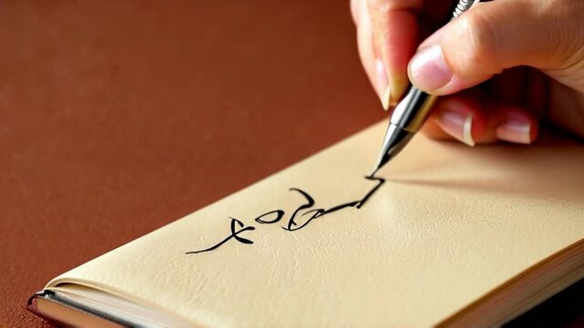 A close-up shot of a woman's hand holding a sleek pen as she draws on a note