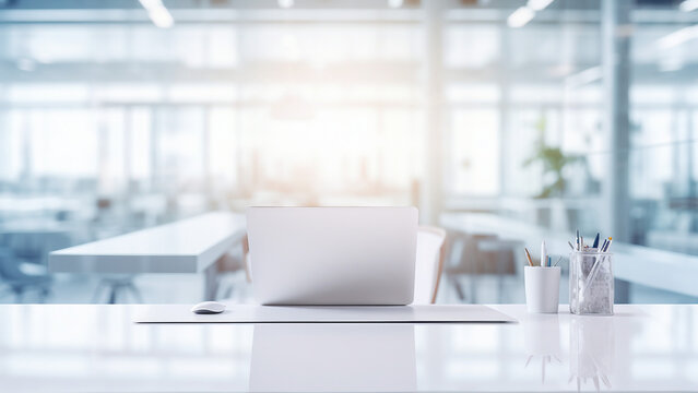 Modern office workspace with laptop. Concept of productivity, work from home, and modern office. - Powered by Adobe