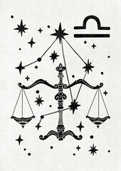 Folk poster of Libra Zodiac sign, trendy Scandinavian astrological illustration of constellation, black © Lisa