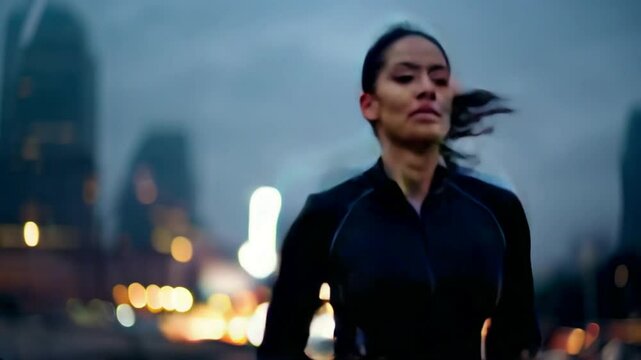A woman running through an urban landscape during early morning or twilight.