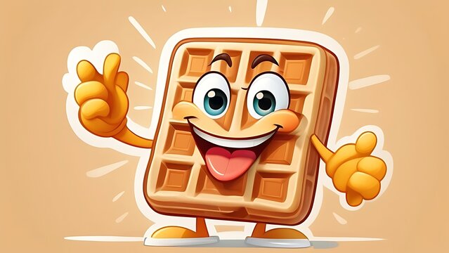 Illustration of a cartoon waffle with emotion. The cheerful waffle character returns with a smile, ready to spread joy and start the day with positivity