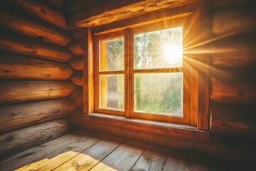 Log Cabin Window: Sunlight streaming into rustic interior room with old architecture and wooden walls