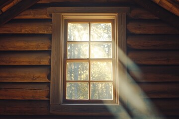 Fototapeta premium Log Cabin Window. Interior Room with Old Architecture and Sunlight Streaming Through