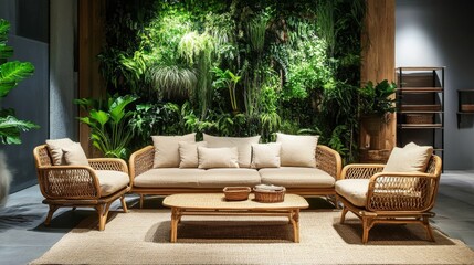 Rattan Furniture and Lush Greenery Living Room Design