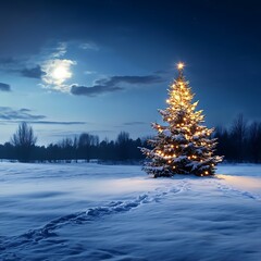 Illuminated Christmas tree in snowy field at night.