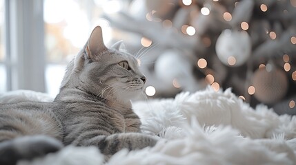 New year and cat sitting near decor, minimalist.