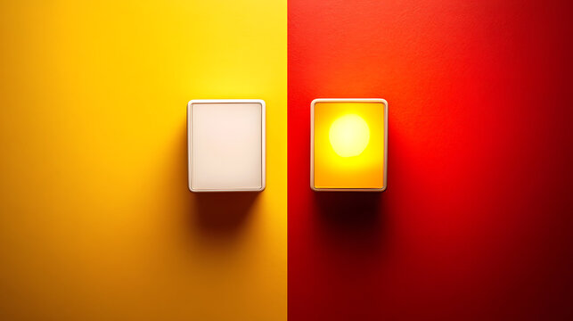 Two square light boxes on a vibrant yellow and red background. One box is illuminated with a warm yellow light, while the other remains dark, creating a striking contrast.