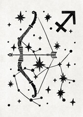 Folk poster of Sagittarius Zodiac sign, trendy Scandinavian astrological illustration of constellation, black © Lisa