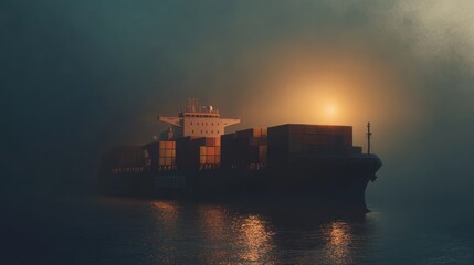 Obraz premium A cargo ship navigates through misty waters at sunrise.