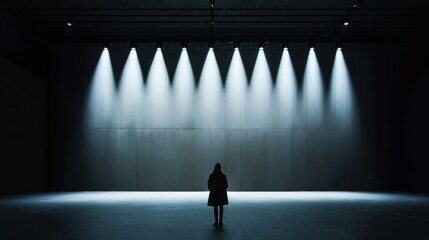 Obraz premium A silhouette of a person standing alone under bright stage lights in a large empty room, creating a dramatic and isolated atmosphere.