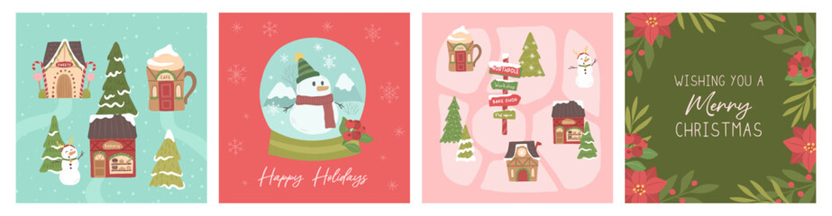 Collection of Winter Christmas North pole of snow man, map and store map vector illustration poster