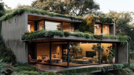 Small eco-friendly terraced home carved into a hillside, built with rammed earth walls and cascading green roofs planted with native vegetation. and integrated garden terraces. and polished stone.