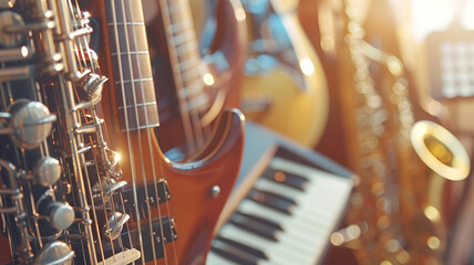 Musical instruments in close-up, the concept of a symphony orchestra concert