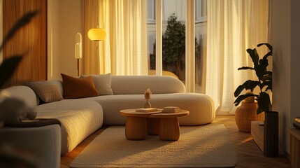 Obraz premium Scandinavian-inspired living room featuring furniture with rounded edges, soft golden lighting, and calming decor elements like linen curtains and warm wooden accents.