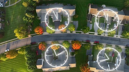 Animated clocks overlaying suburban American homes, symbolizing the fast-paced lifestyle and daily...