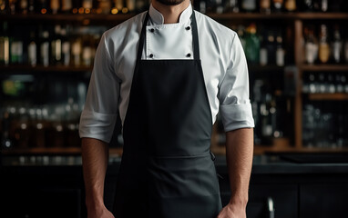 Chef kitchen apron. Chef cook in uniform, kitchen apron, protective apparel, culinary environment, food service setting, chef in kitchen interior, apron mock-up. Realistic style photo.